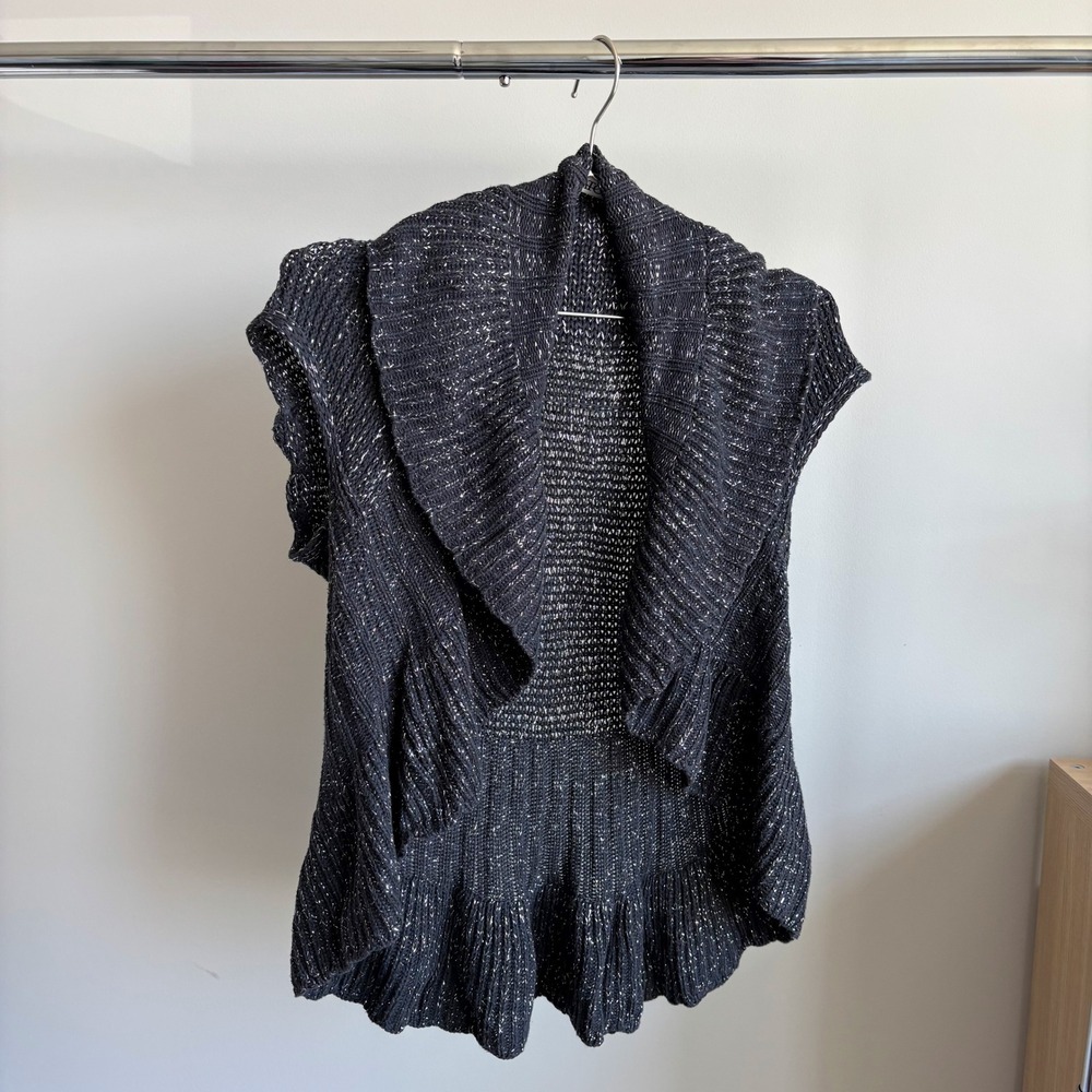 2000s Cato Gray Metallic Shimmer Ruffle Cardigan Cotton Flutter Sleeve Y2K Small